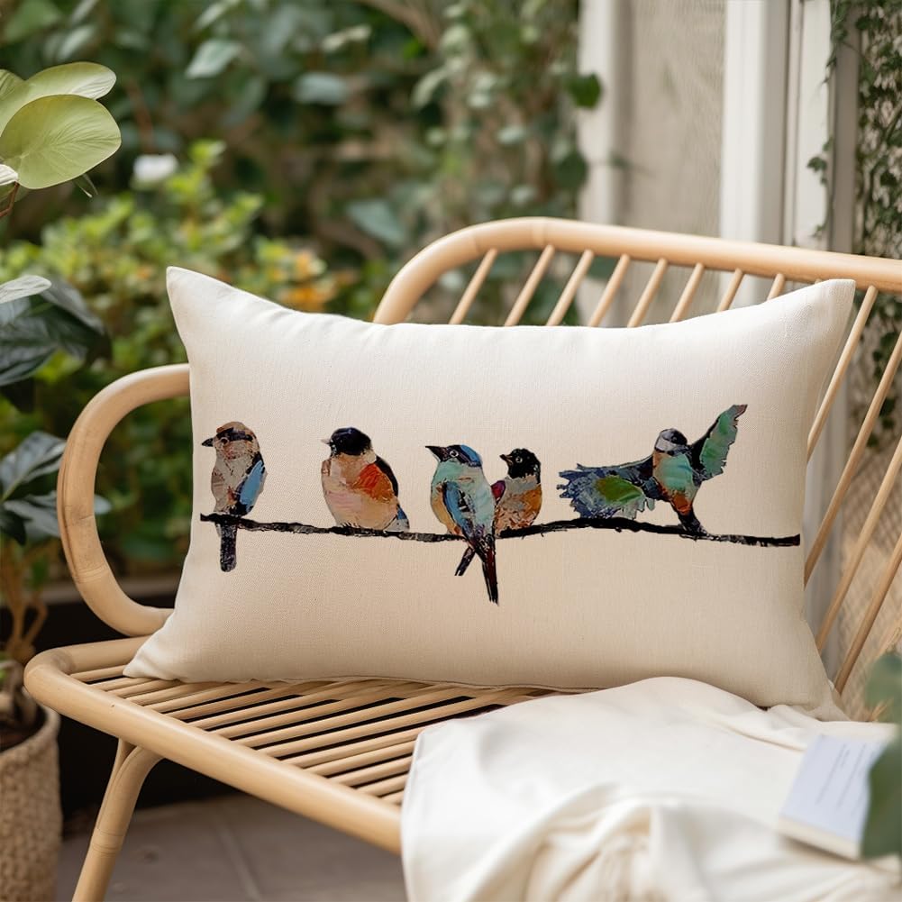 12x20 Lumbar Pillow Decorative Throw Pillows,Small Hand-Painted Outdoor Birds Pillowcases,Spring Summer Pillows