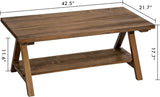Solid Wood Coffee Table - 42.5” Firwood Farmhouse Rustic Wooden Coffee Tables, Solid Firwood Rectangle Coffee Table