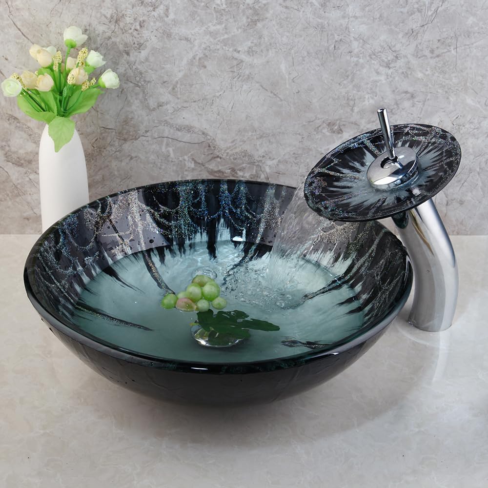 Green Glass Vessel Sink With Faucet And Pop-Up Drain Combo 17 Inch Round Tempered Glass Basin Bathroom Bowl Sinks