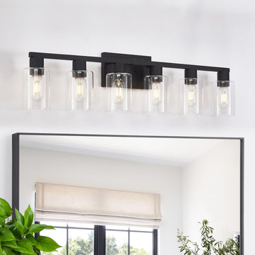 Black Bathroom Light Fixtures, 6-Light Bathroom Lighting Fixtures Over Mirror with Clear Glass Shade, Matte Black