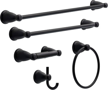 5-Piece Matte Black Bathroom Set (2) Towel Racks, Ring, Toilet Paper Holder, Hook | Kinla Bath Accessories