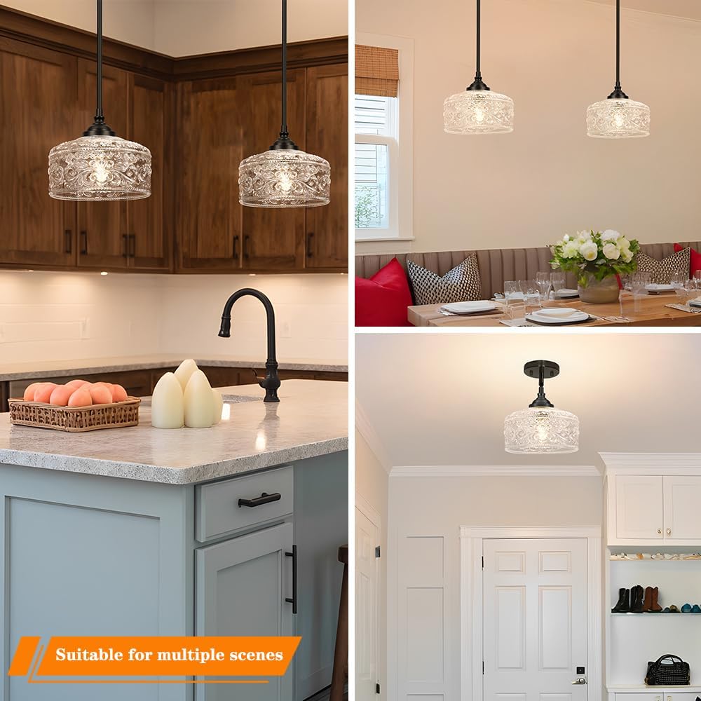 Black Vintage Pendant Lights Kitchen Island, Adjustable Height Kitchen Island Lighting, Bathroom Pendant Light with Clear Glass Shade- Dual Mount Ceiling & Hanging Fixtures with 90° Swivel for Decor