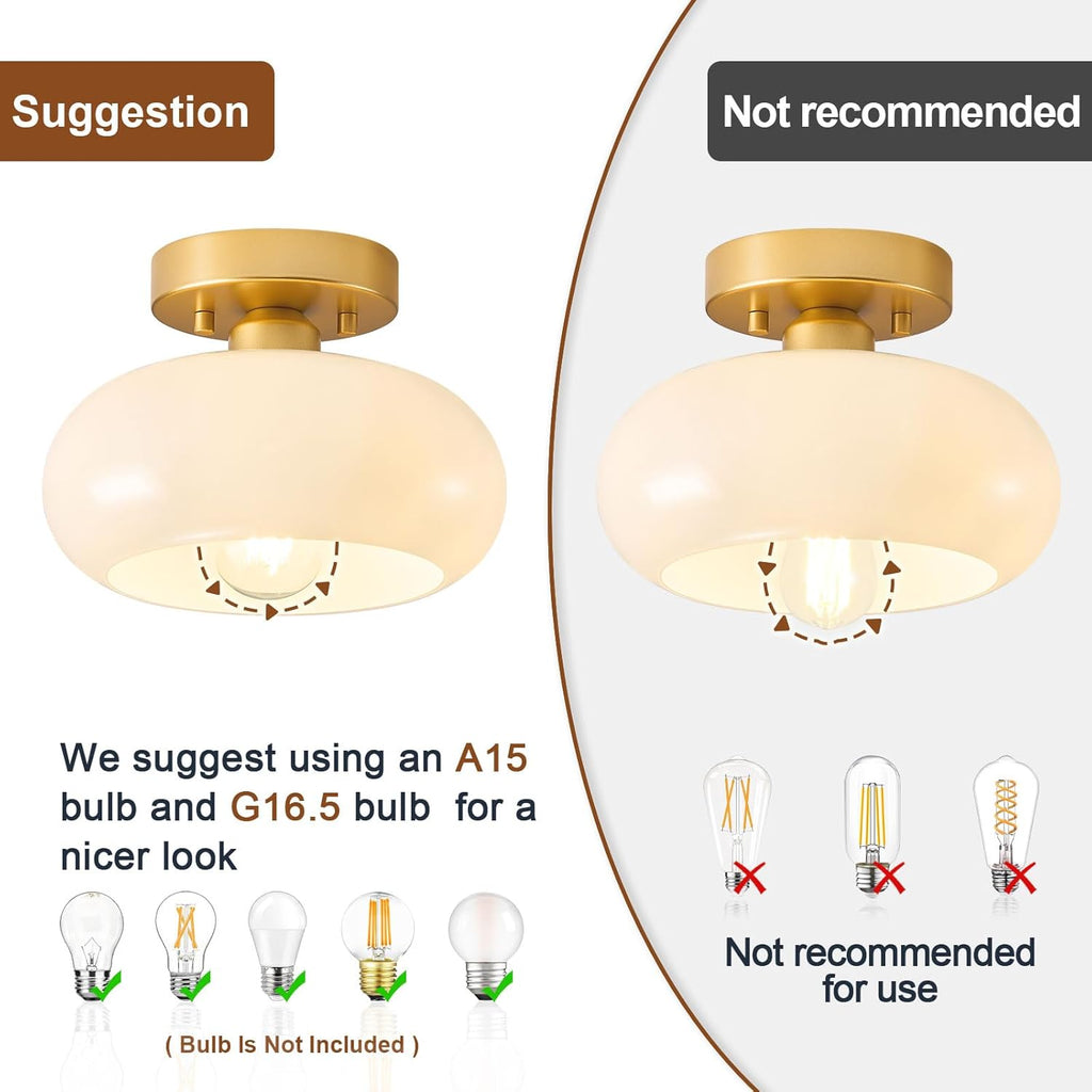 Mid-Century Modern Gold Semi Flush Ceiling Light 8.66 Inch | Mini White Glass Shade Close to Ceiling Lighting Fixture