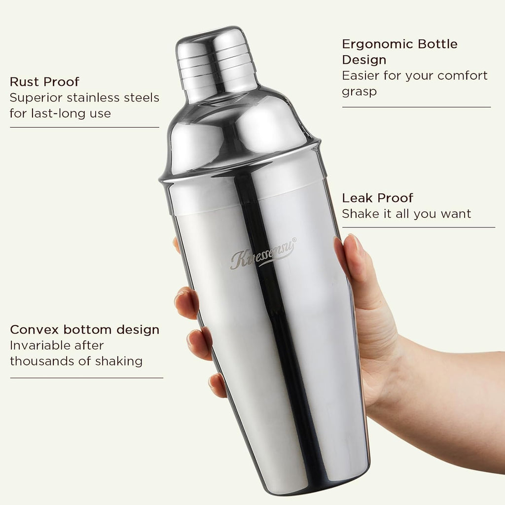Cocktail Shaker, 24oz Drink Shaker with Bartender Strainer, Measuring Jigger, Bar Mixing Spoon, Cocktail Recipe