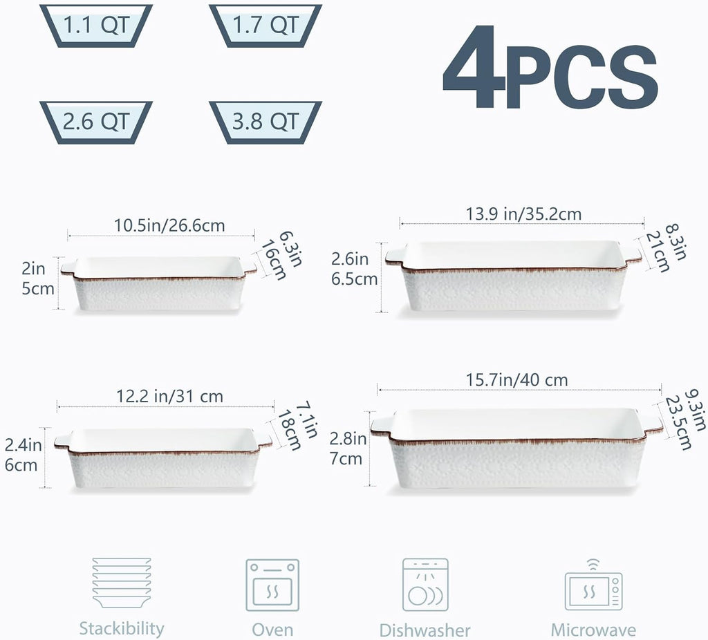 Casserole Dishes for Oven, Ceramic Dish Set of 4, Non-Stick Lasagna Pans with Handles, Rectangular Bakeware Set for