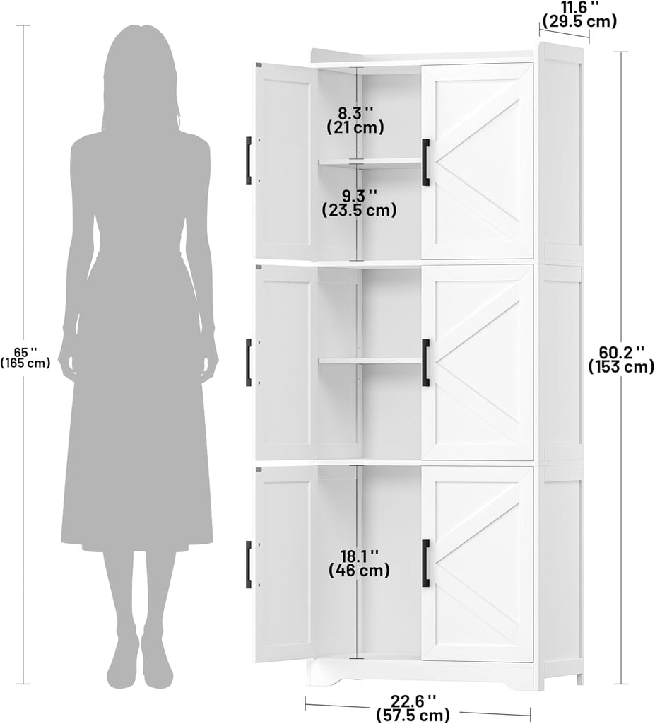 Tall Bathroom Floor Cabinet with 6 Barn Door 60.2''H Pantry White | 11.6''D x 22.6''W Linen Storage Cabinet with