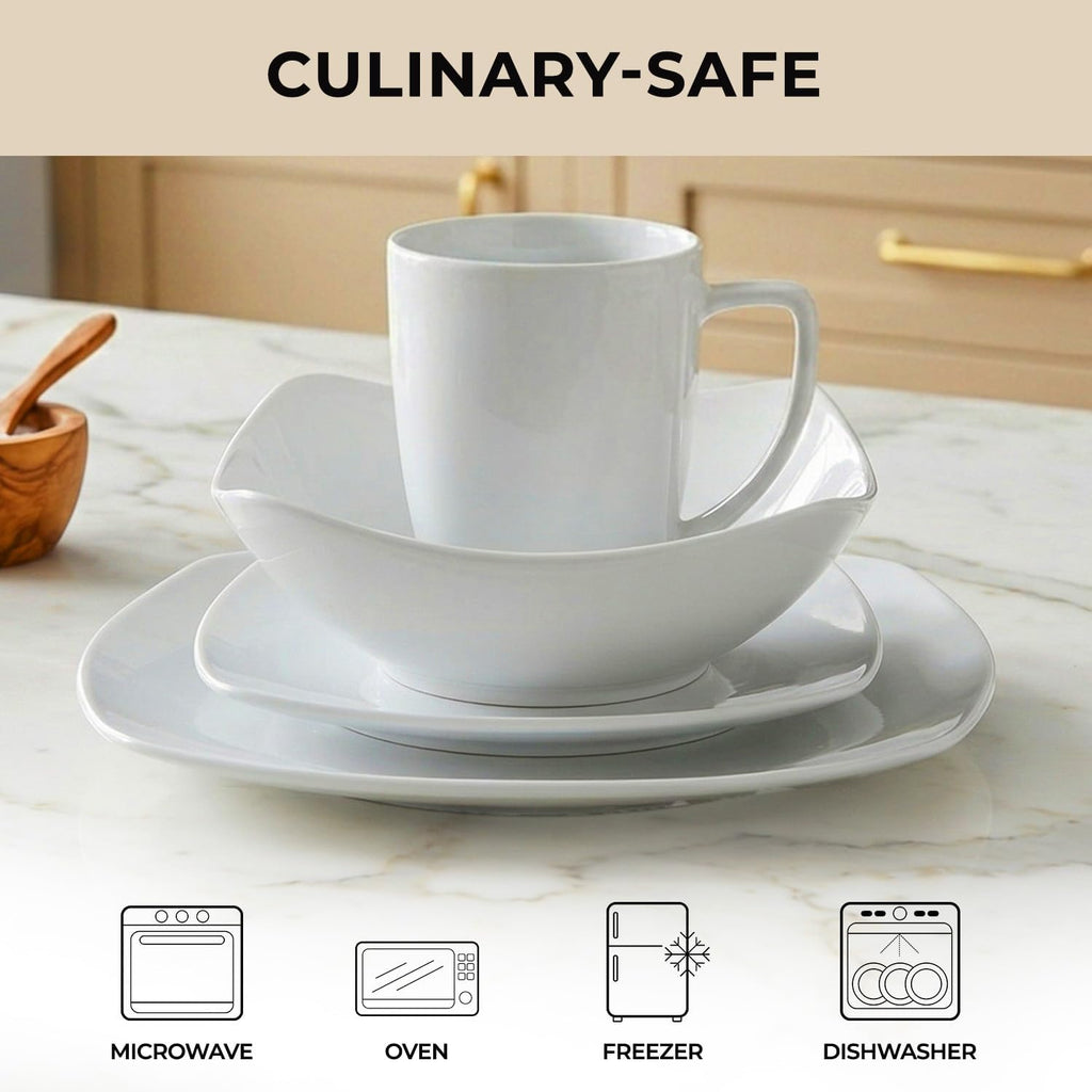 Luna Plates and Bowls Sets, 16 Piece Modern Porcelain Dish Set for 4, Chip and Scratch Resistant Square Dinnerware Set