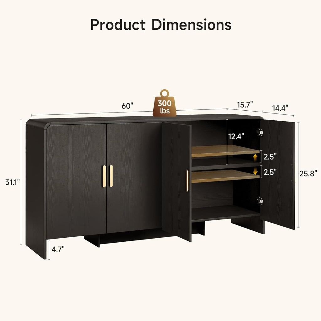 60" Sideboard Buffet Cabinet, Large Curved Design Storage Cabinet with 4 Doors & 2 Adjustable Shelves, Sturdy Build