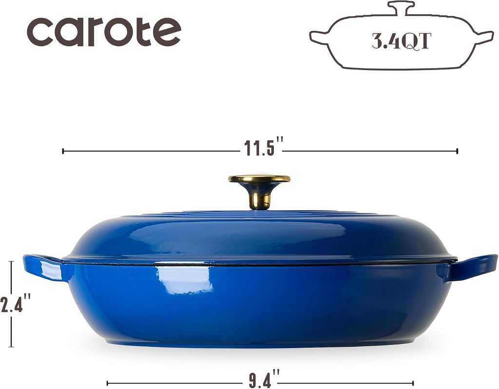 3.4QT Enamel Cast Iron Cookware, Skillet with Lid, Blue Dutch Oven | Shallow Round Braiser Pan Oven Safe, Non-Toxic