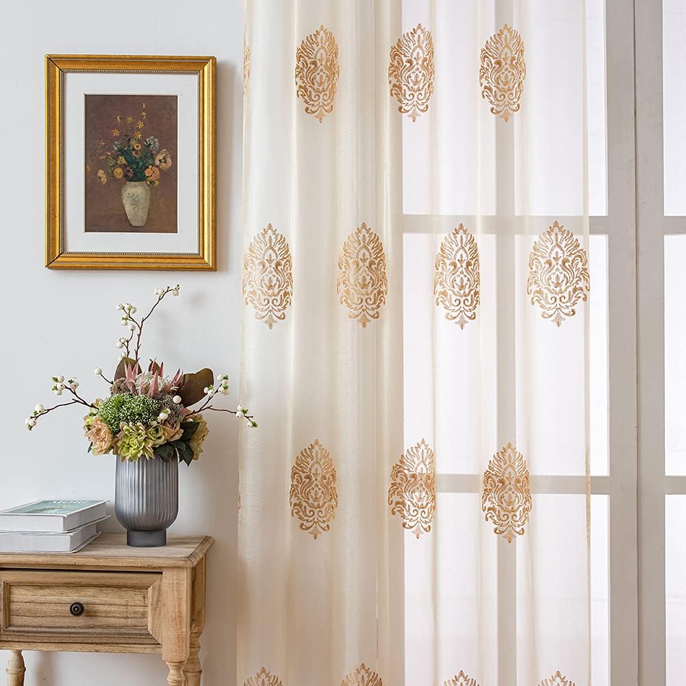 Luxury Damask Embroidered Sheer Curtains Transparent Tulle Curtain,52inchX96inch,Grommet Top,2 Panels - Set of 2