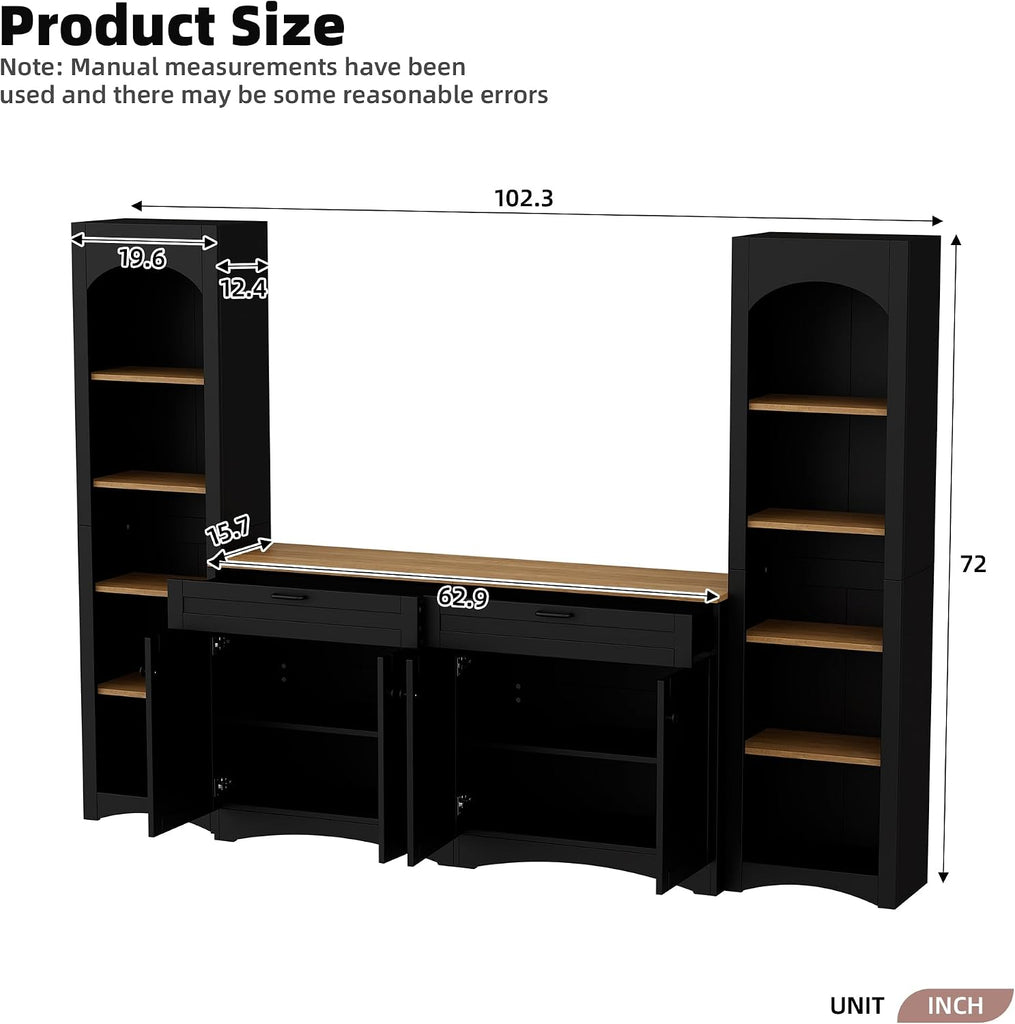 Modern 3 Piece TV Stand with 2 Bookshelves for TVs up to 70'', Mid-Century Solid Wood Entertainment Center with Storage Cabinets, Practical Media Console for Living Room, Bedroom, Black