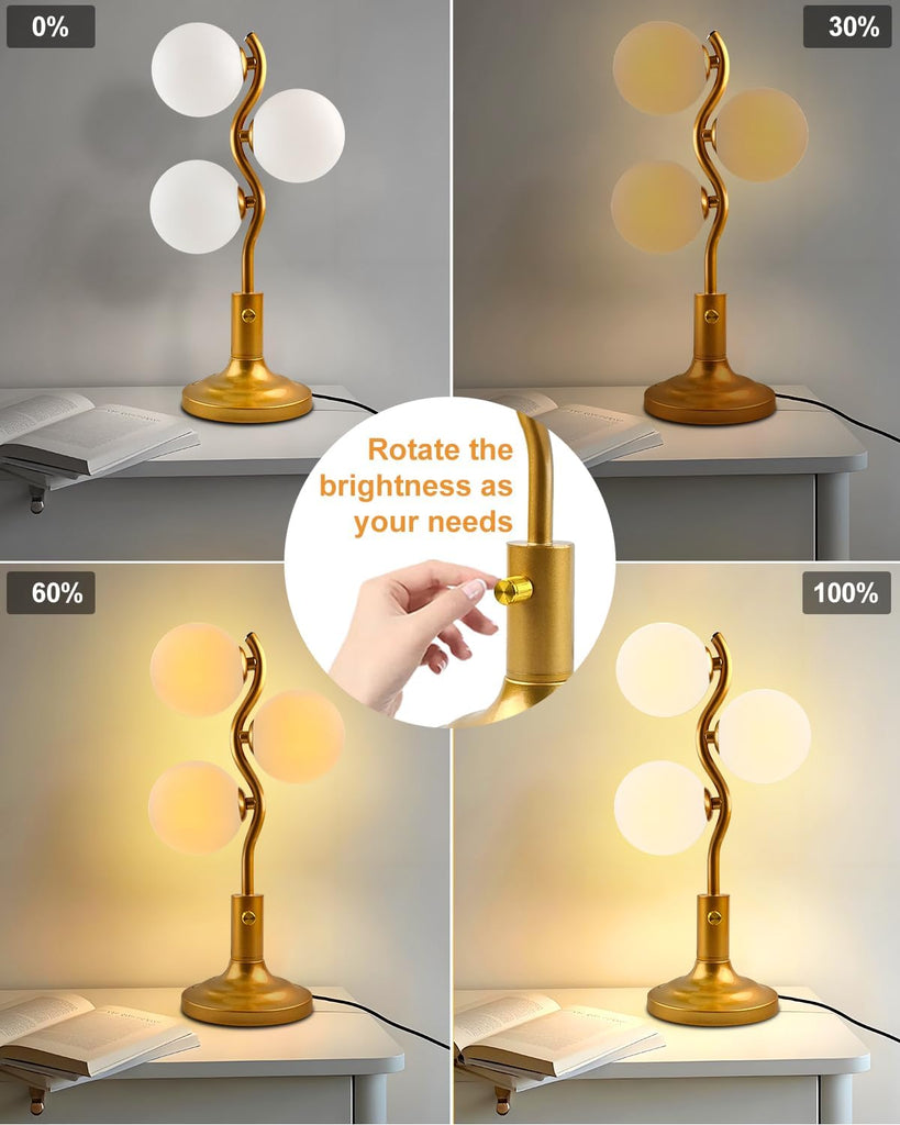 Mid Century Globe Table Lamp Dimmable Modern 3 Lights Gold Desk Lamp 3000K Warmwhite Bedside Table Lamp Living Room