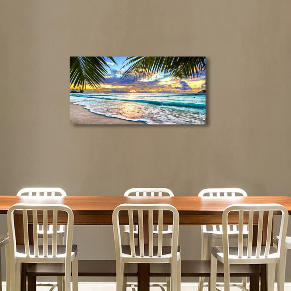 Beach Canvas Wall Art Seascape Theme Pictures Home Decor Blue Ocean White Wave Palm Tree Prints Paintings Bathroom