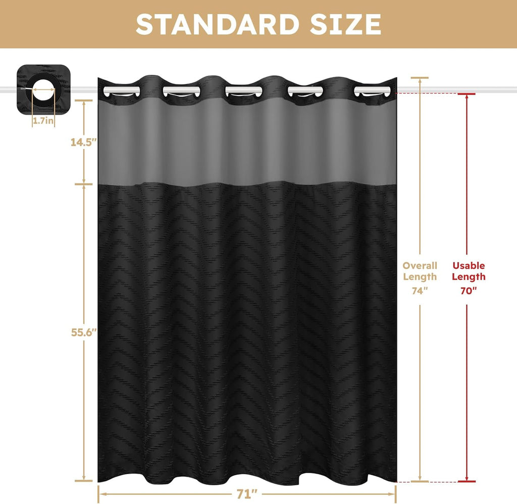 Black No Hook Shower Curtain Set with Snap in Liner, 71'' x 74'' | Bathroom Hotel Fabric Curtain, Waterproof Washable