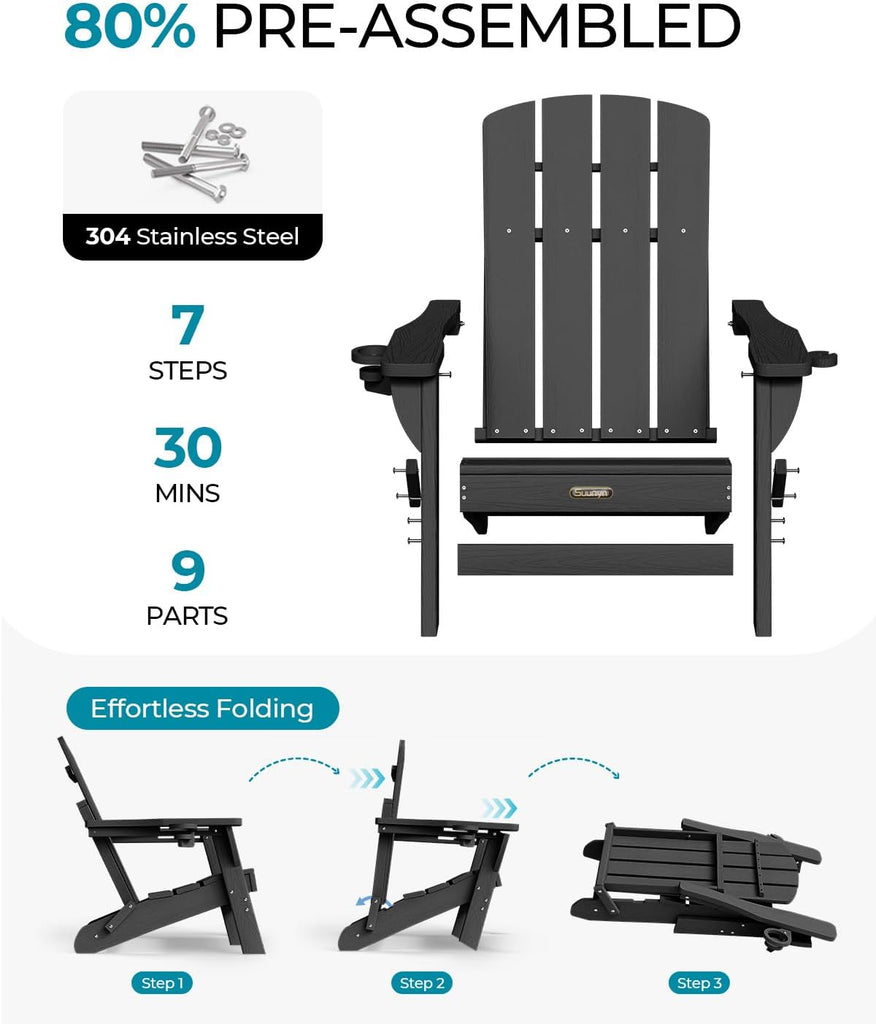 Folding Adirondack Chair, HDPE Adirondack Chairs with 2 Cup Holder, Plastic All-Weather Fire Pit Chairs, Outdoor Lawn