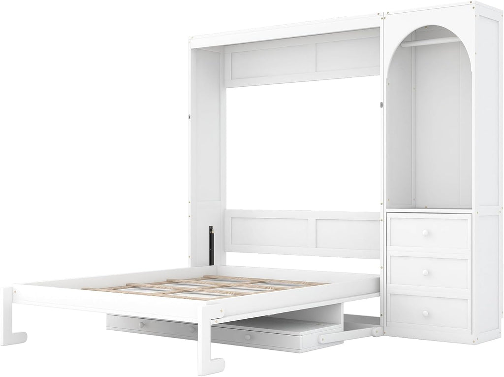 Queen Murphy Bed with Desk, Storage Shelf, 3 Drawers, Solid Wood Frame, 800 lbs Capacity, Easy to Install, Quiet