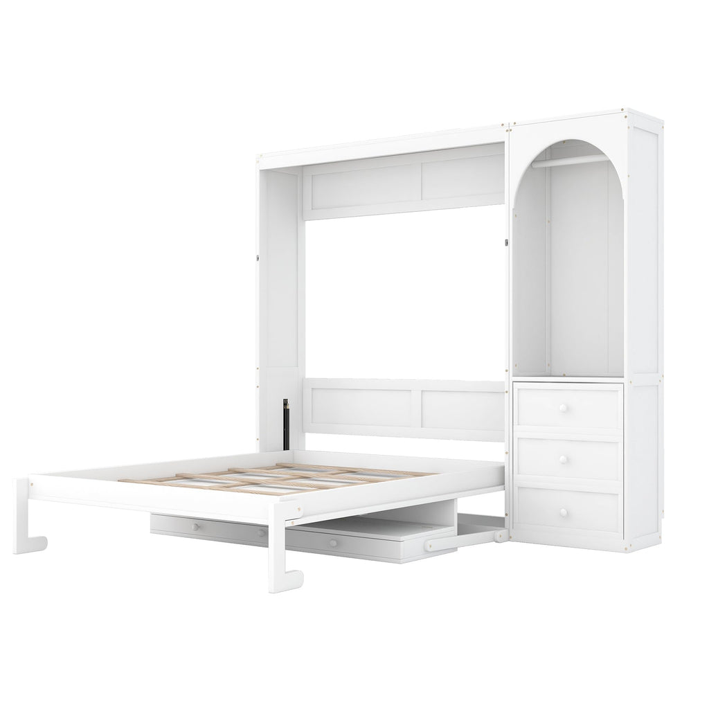 Queen Murphy Bed with Desk and Storage & LED Light, Solid Wood Murphy Wall Bed Cabinet with Storage Drawers &Clothes