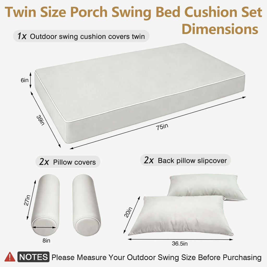 Twin Size Porch Swing Bed Mattress Cushion Cover, Light Gray | Waterproof Outdoor Twin Mattress Cover for Daybed