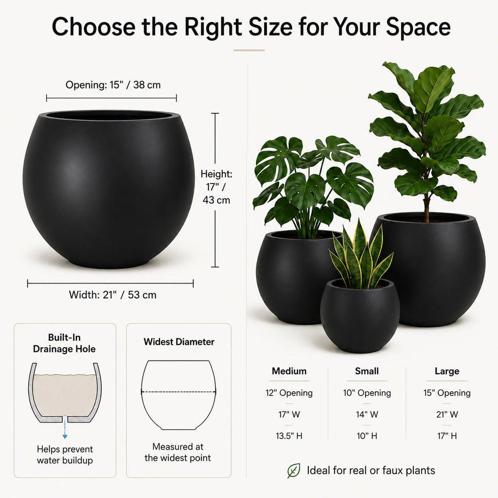 17" H x 21" Dia Black Fiberstone Planter Pot with Drainage Hole, Extra Large Indoor Outdoor Flower Pot for Artificial