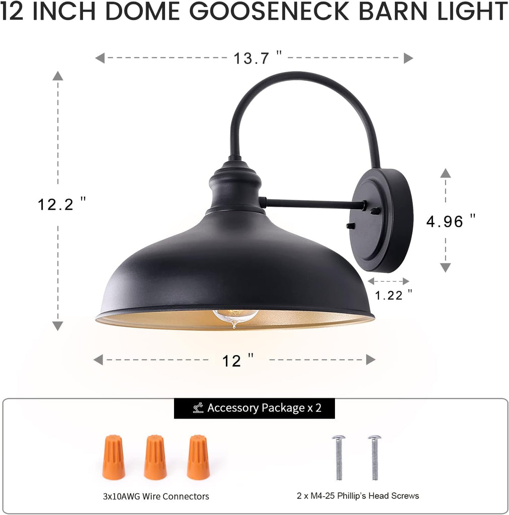 12" Outdoor Gooseneck Barn Light for Patio, Large Farmhouse Wall Mount Lights for Garage