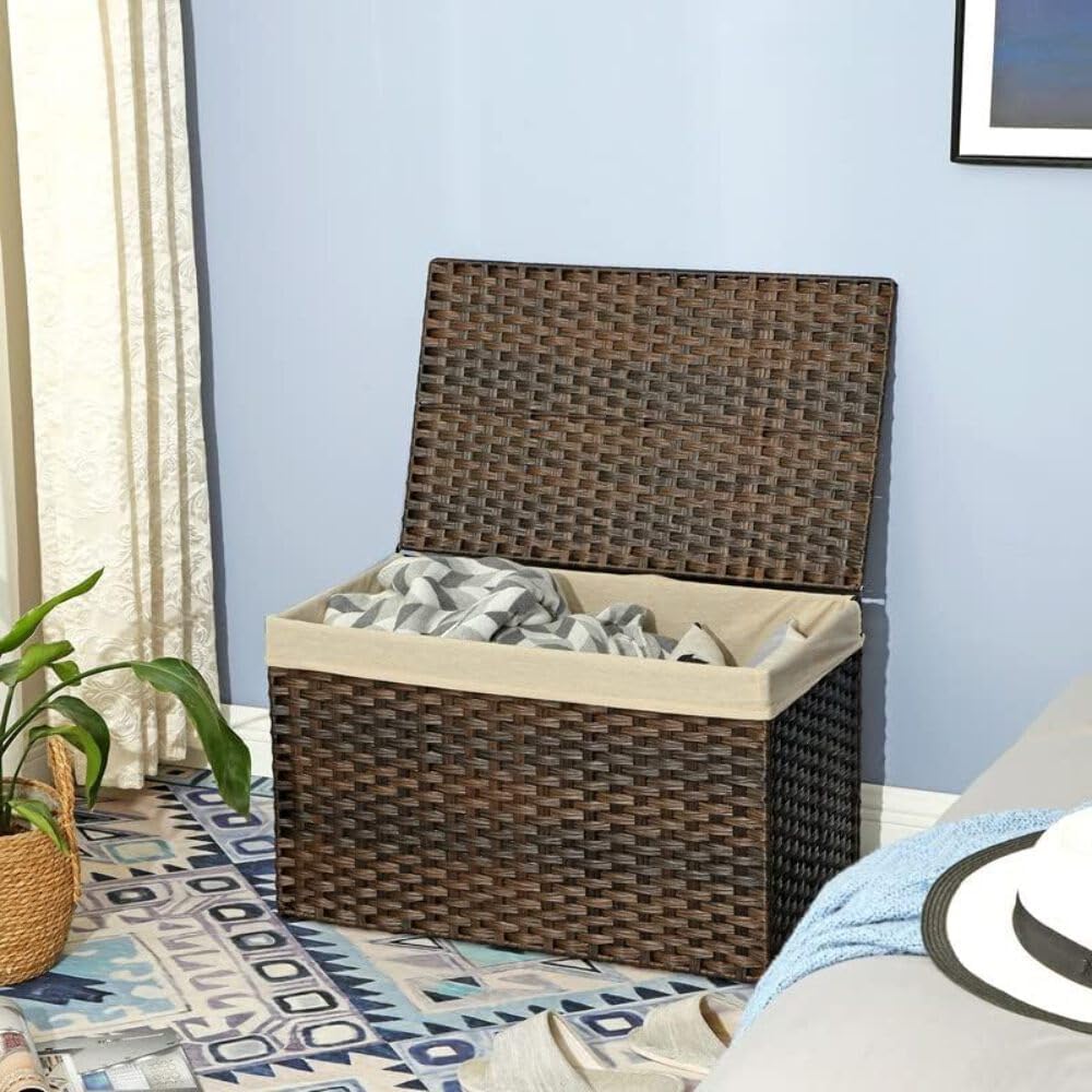 Storage Basket with Lid, Woven Blanket Storage Bin with Handles, Foldable, Removable Liner, Metal Frame, Laundry