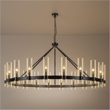 Inspired Ravelle Style 20-Lights Black Wagon Wheel Chandelier Modern Farmhouse with Glass Shade, 60 Inch Large Round Industrial High Ceilings Pendant Lighting Fixture for Dining Living Room, Kitchen Island, Foyer