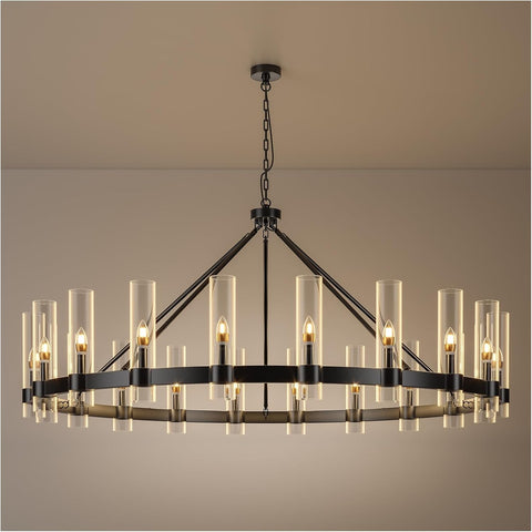 20-Lights Black Wagon Wheel Chandelier Modern Farmhouse with Glass Shade, 60 Inch Large Round Industrial High Ceilings Pendant Lighting Fixture for Dining Living Room, Kitchen Island, Foyer A115-B0CDY1VWGS