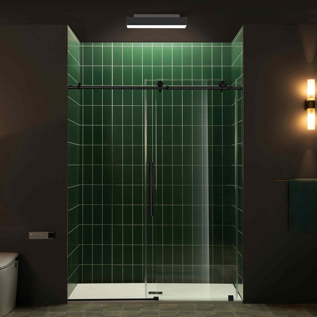 56-60" W x 80" H Frameless Single Sliding Shower Door with Tempered Glass & Explosion Proof Film in Matte Black Finish