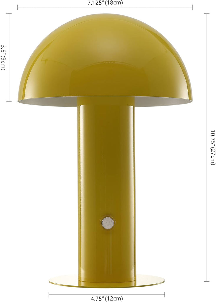 10.75" Yellow Rechargeable LED Mushroom Table Lamp, Cordless Portable Bedside Lamp Bedroom