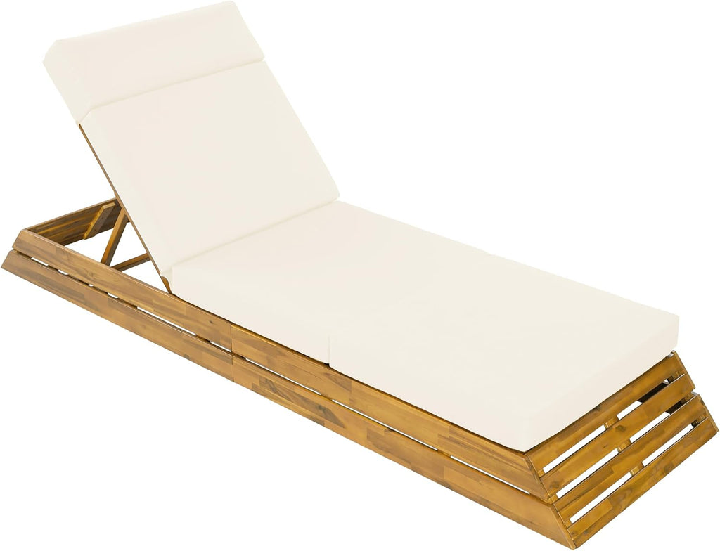 Acacia Wood Chaise Lounge Chair Outdoor with 4-Fold Cushion, Poolside Sun Lounger Recliner, Patio Chaise Lounge