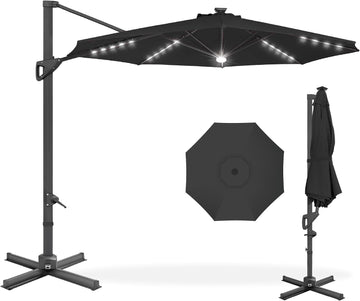 10ft Solar LED Cantilever Patio Umbrella, 360-Degree Rotation Hanging Offset Market Outdoor Sun Shade w/Lights - Black