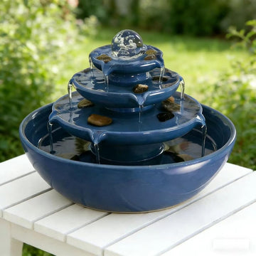 Ceramic Tabletop Fountain with Ball Table Desk Office Patio (Blue 2 A199)