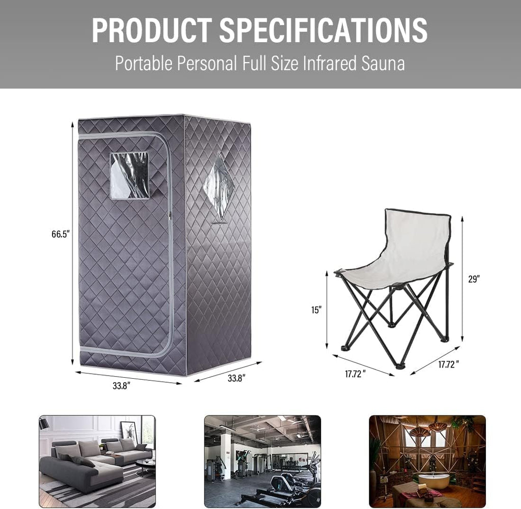 Full Size Portable Personal Infrared Sauna for Home, Personal Home Spa Tent with Remote Control, Heating Foot Pad, Foldable Reinforced Chair (Grey, L33.8 x W 33.8" x H 66.5")