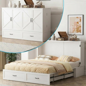 Murphy Bed Queen with Mattress Included, Crisscross Frame Cabinet Beds Chest with Charging Station & Storage Drawers