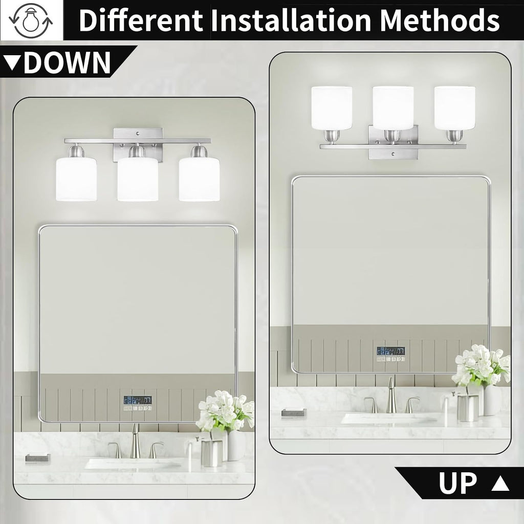 Brushed Nickel Bathroom Light Fixture, Anti-Rust Finish 3 Light Vanity Lights , Bath Lights with Milky White Frosted