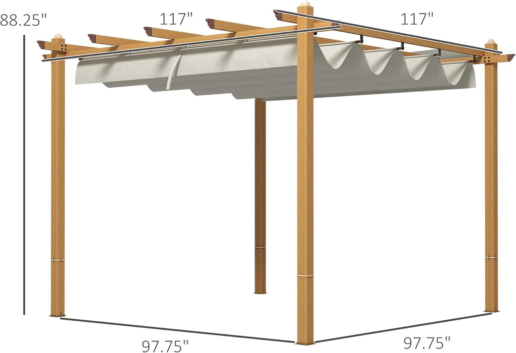 10' x 10' Retractable Pergola Canopy, Wood Grain Aluminum Pergola, Outdoor Sun Shade Shelter for Grill, Garden, Patio