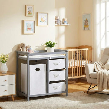 Modern Baby Changing Table with Laundry Hamper & 3 Drawers - Solid Wood Nursery Dresser Supports 40 Lbs, with Safety