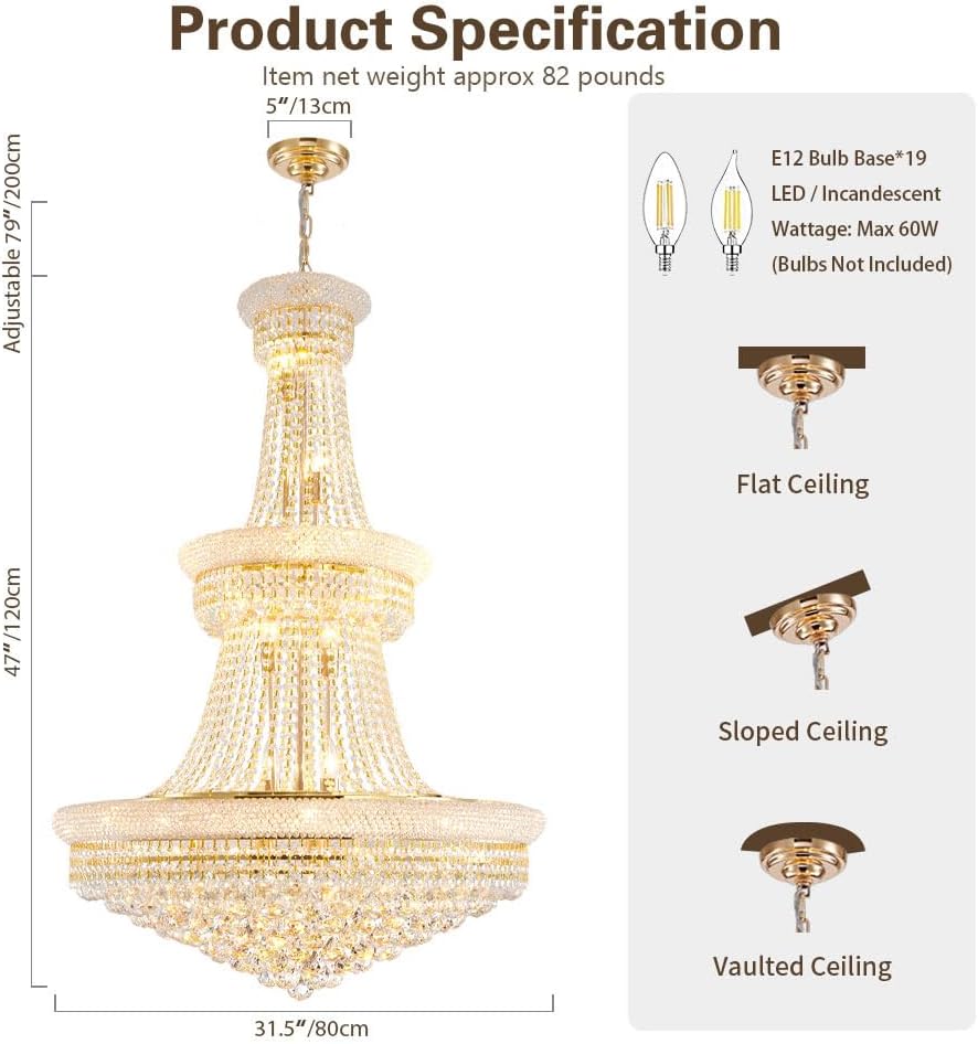 Large Gold Crystal Chandelier Light - Diameter 31.5", 3 Layers Ceiling Haning Chandeliers, Pendant Lighting for Living Room, Dining Room, Foyer