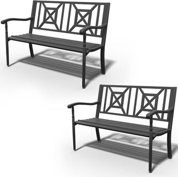 Metal Bench Patio Bench, Outdoor Benches Weatherproof with Lattice Backrest, Wrought Iron Garden Benches for