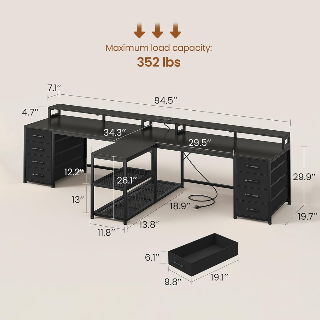94.5" 2 Person Gaming Desk, Long Office Computer Desk with 8 Drawers & LED Light, Two Person Desk with Storage