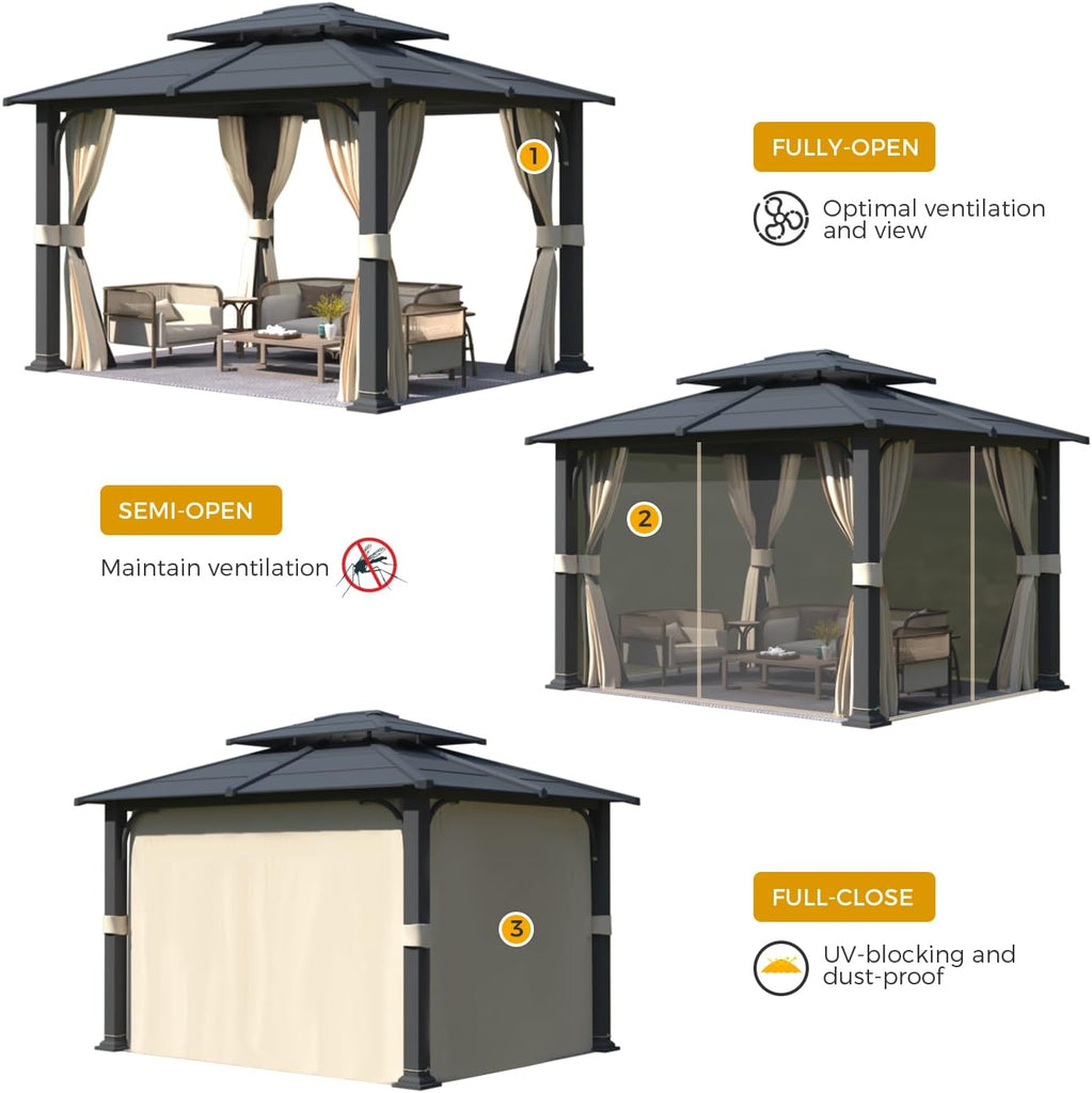 10'x12' Gazebo with Galvanized Steel Roof, Hardtop Double Roof with Anti-Rust Coating