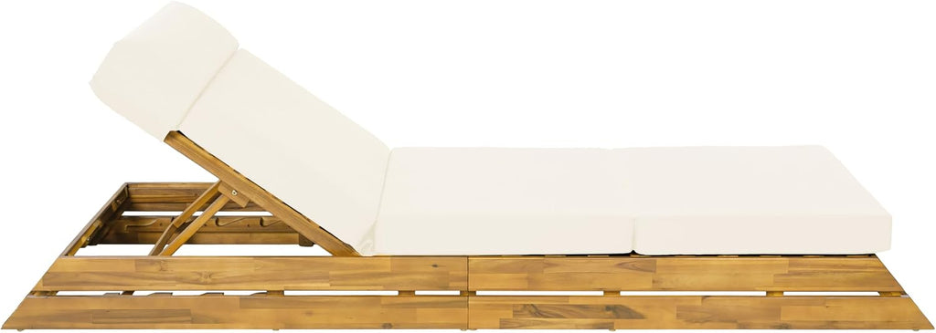 Acacia Wood Chaise Lounge Chair Outdoor with 4-Fold Cushion, Poolside Sun Lounger Recliner, Patio Chaise Lounge
