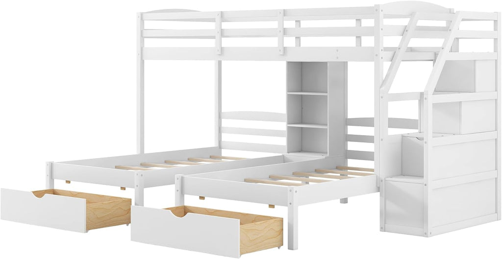 Wood Triple Bunk Bed with Storage Stairs and Drawers Twin Over Twin Over Twin Wooden Bunk Bed with Storage for 3 Kids