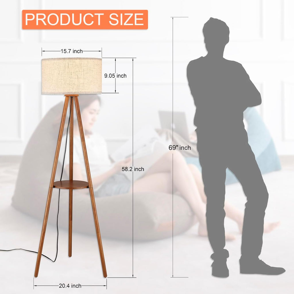 Wood Tripod Floor Lamp, Farmhouse Shelf Wooden Standing light Drum Shade, Footswitch,ETL Listed/Brown Wood Color