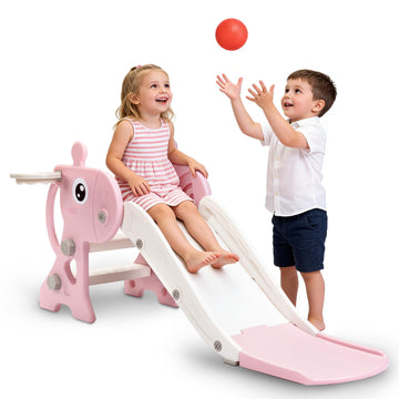 Kid Slide Indoor, Toddler Slide with Basketball Hoop and Ball, Outdoor Playset for Baby 2-5 Year Old (Pink Giraffe)