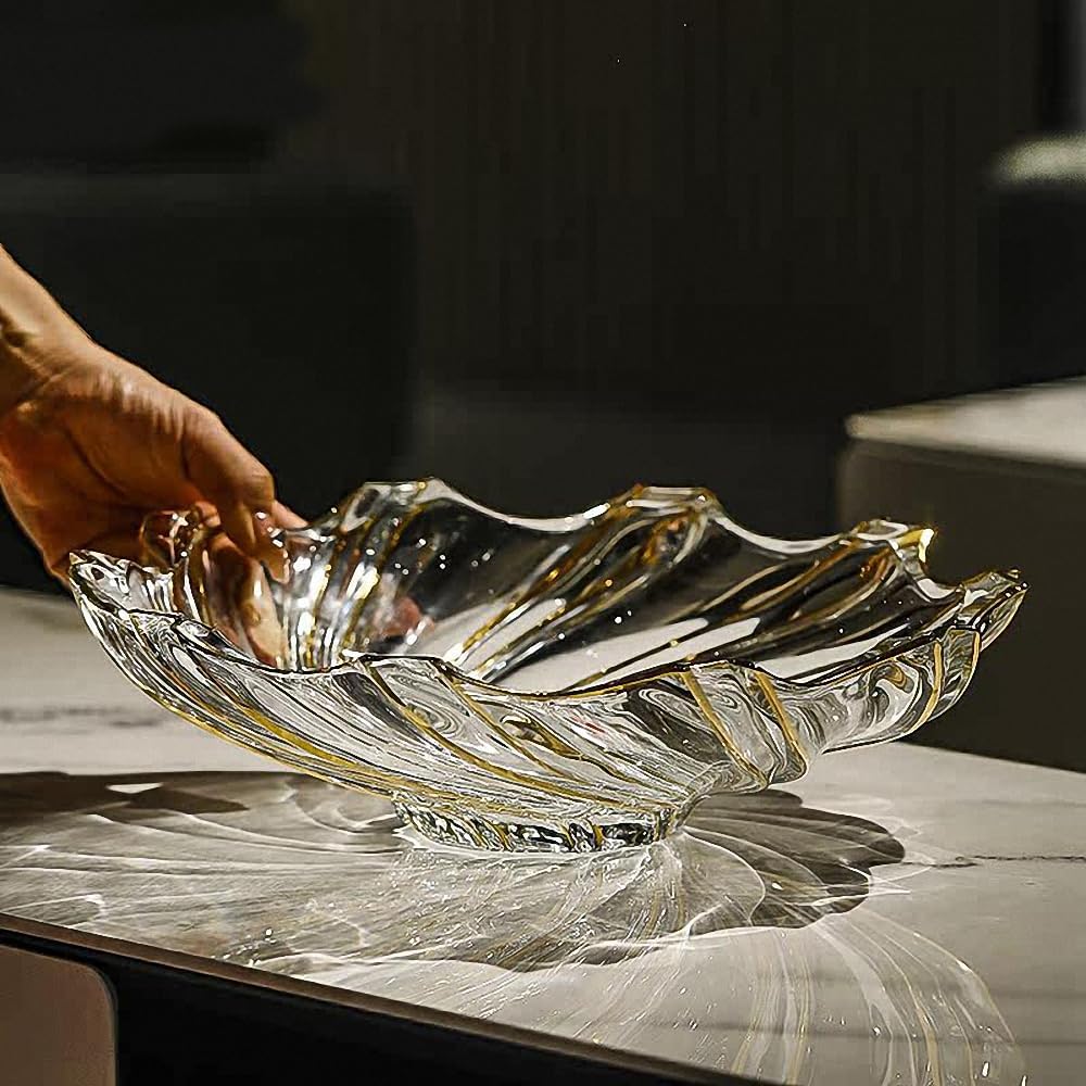 Large Hand Painted Gold Whirlwind shaped Crystal Glass Decorative Bowl-12.6 inch Diameter.