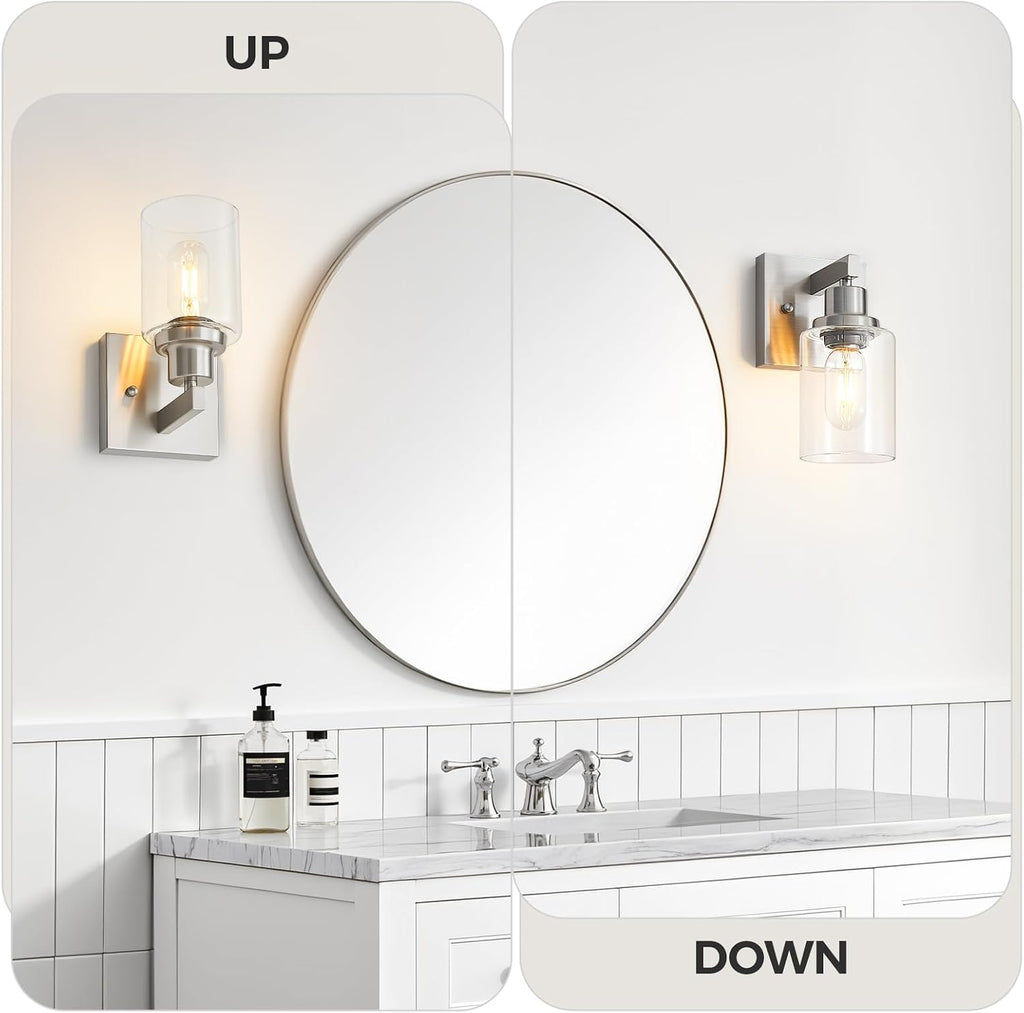 Bathroom Wall Sconces Set of 2,Brushed Nickel Wall Sconce,Vanity Light with Clear Glass Wall Mounted Light
