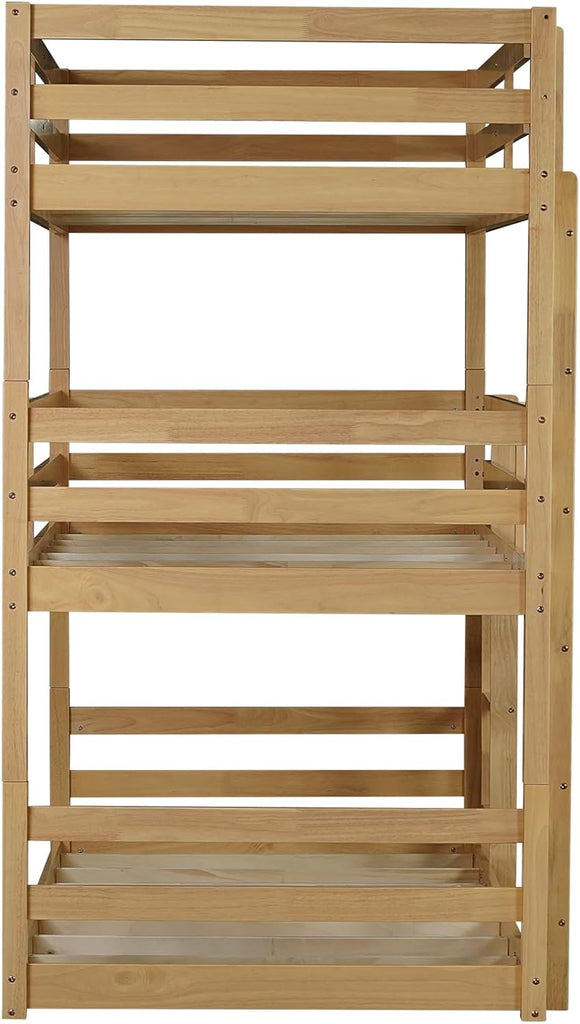 Triple Twin Bunk Bed, Solid Rubberwood 3-Tier Bed with 2 Ladders & Guardrails