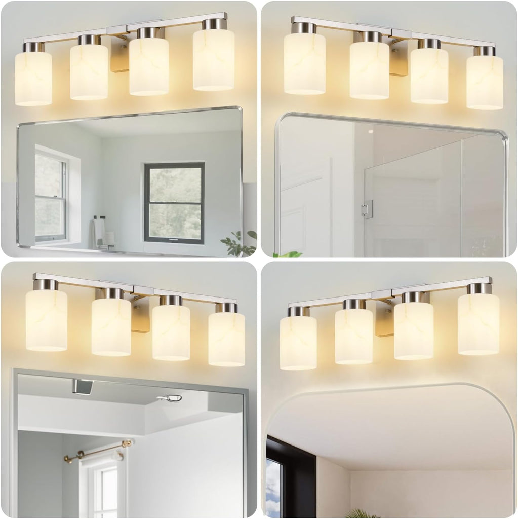 4-Light Bathroom Light Fixtures, Modern Vanity Lights, Brushed Nickel Metal Wall Lamp with White Marble Glass
