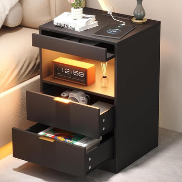 Night Stand, Black Nightstand, LED Nightstand with Charging Station, Modern Night Stand, Bedside Table, Wood Sofa